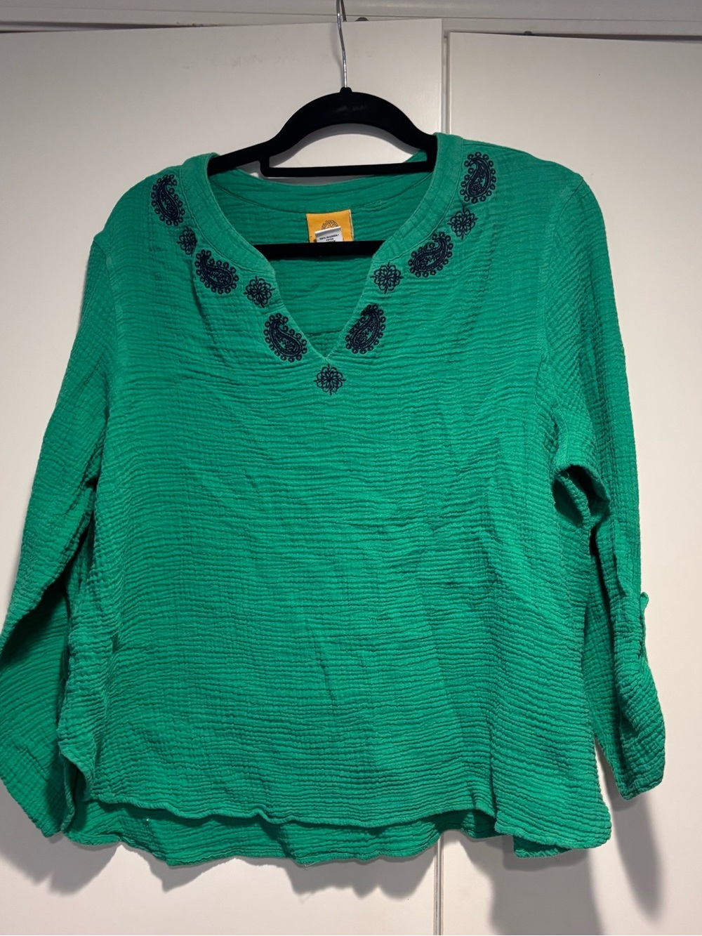Split Neck Green Women's Top with Paisley embroidered detail